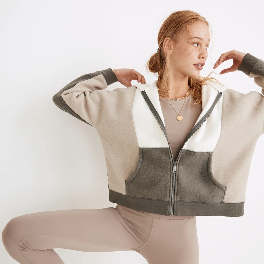 NWOT Madewell Better Fleece Colorblock Zip Hoodie Sweatshirt in Burnished Stone